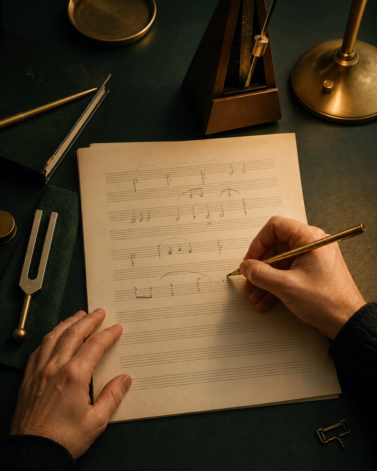 Hände bei der Arbeit an Noten und Musiktheorie