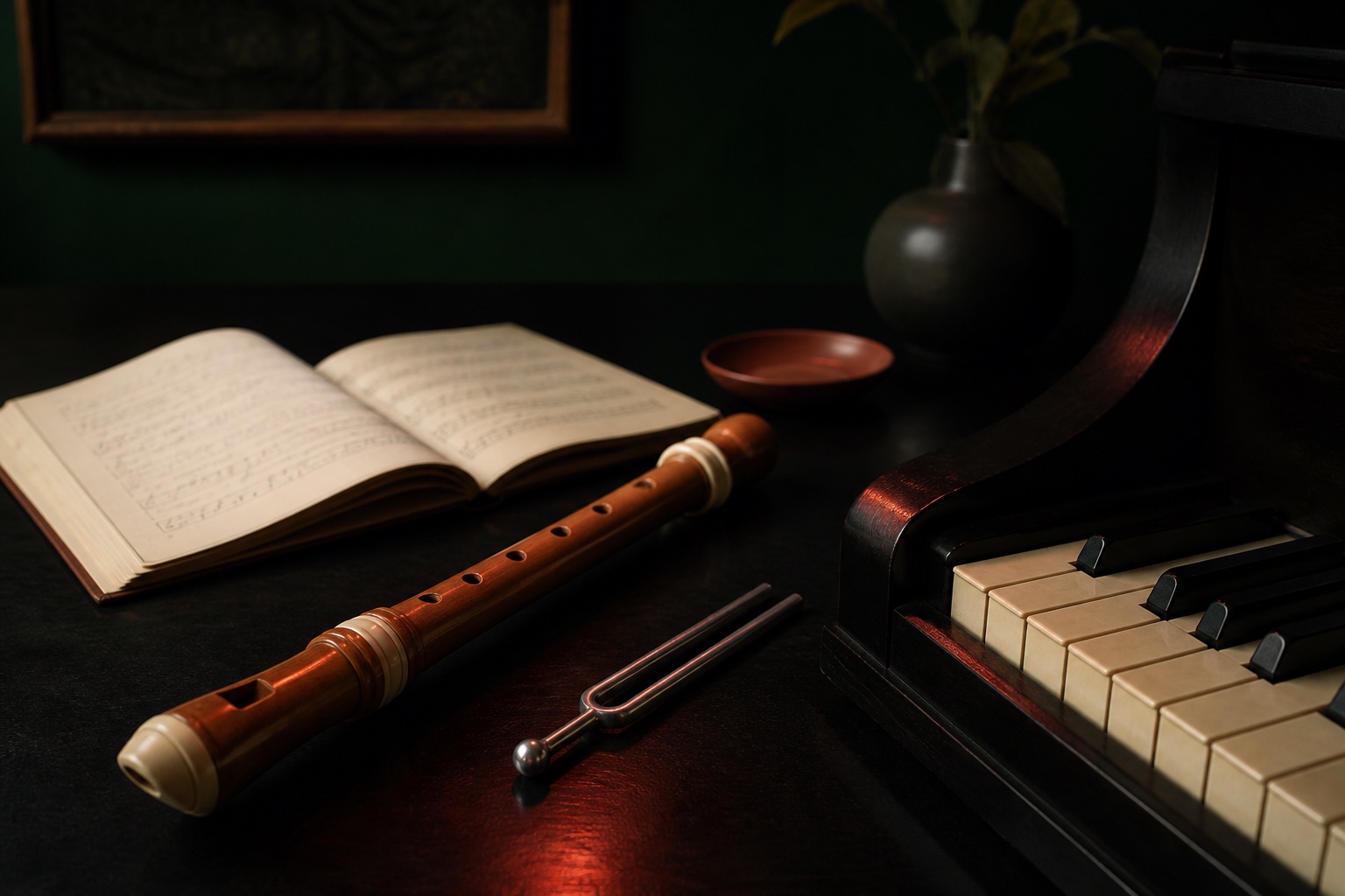 Blockflöte, Noten und Klavier im Musikzimmer